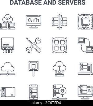 set of 16 database and servers concept vector line icons. 64x64 thin stroke icons such as statistic, switch, local, cloud server, mobile, server, malw Stock Vector