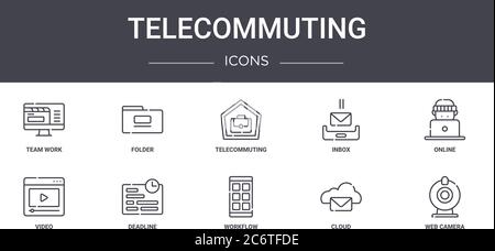 telecommuting concept line icons set. contains icons usable for web, logo, ui/ux such as folder, inbox, video, workflow, cloud, web camera, online, te Stock Vector