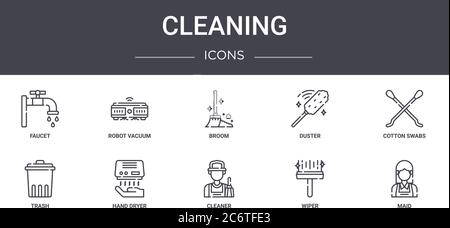 cleaning concept line icons set. contains icons usable for web, logo, ui/ux such as robot vacuum, duster, trash, cleaner, wiper, maid, cotton swabs, b Stock Vector