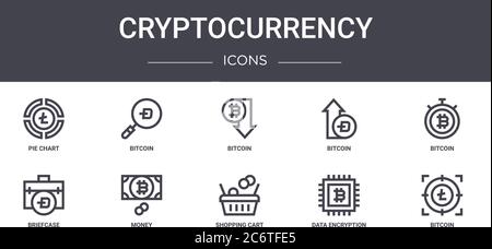 cryptocurrency concept line icons set. contains icons usable for web, logo, ui/ux such as bitcoin, bitcoin, briefcase, shopping cart, data encryption, Stock Vector