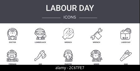 labour day concept line icons set. contains icons usable for web, logo, ui/ux such as lumberjack, wrench, fireman, painter, miner, saw, labor day, wre Stock Vector