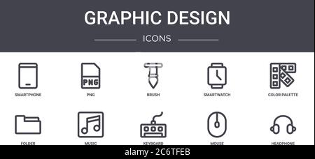 graphic design concept line icons set. contains icons usable for web, logo, ui/ux such as png, smartwatch, folder, keyboard, mouse, headphone, color p Stock Vector
