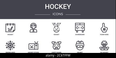 hockey concept line icons set. contains icons usable for web, logo, ui/ux such as , scoreboard, snowflakes, chest guard, helmet, ice hockey, foam hand Stock Vector