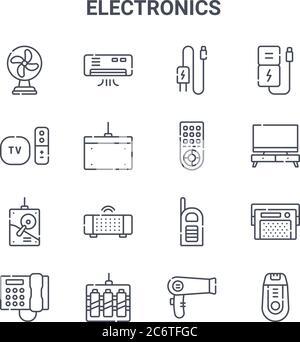set of 16 electronics concept vector line icons. 64x64 thin stroke icons such as air conditioner, remote control, tv, walkie talkie, , razor, hair dry Stock Vector