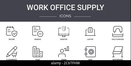 work office supply concept line icons set. contains icons usable for web, logo, ui/ux such as remove, laptop, e commerce, admin, safe, whiteboard, hol Stock Vector