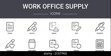 work office supply concept line icons set. contains icons usable for web, logo, ui/ux such as delete, edit, favorite, reload, reload, calculator, favo Stock Vector