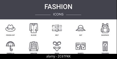 fashion concept line icons set. contains icons usable for web, logo, ui/ux such as blouse, hat, umbrella, bikini, shorts, trousers, backpack, belt Stock Vector