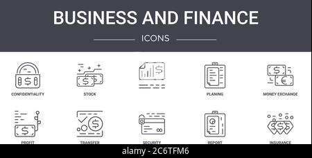 business and finance concept line icons set. contains icons usable for web, logo, ui/ux such as stock, planing, profit, security, report, insurance, m Stock Vector