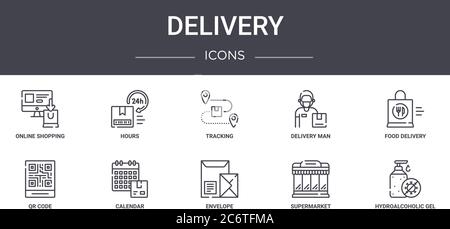 delivery concept line icons set. contains icons usable for web, logo, ui/ux such as hours, delivery man, qr code, envelope, supermarket, hydroalcoholi Stock Vector