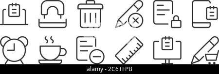 12 set of linear work office supply icons. thin outline icons such as e commerce, ruler, coffee cup, locked, trash can, hole puncher for web, mobile Stock Vector