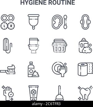 set of 16 hygiene routine concept vector line icons. 64x64 thin stroke icons such as menstrual cup, tampon, detergent, washing plate, cream, tooth, pl Stock Vector