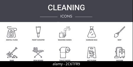 cleaning concept line icons set. contains icons usable for web, logo, ui/ux such as paint scraper, garbage bag, rake, toilet paper, wet floor, vacuum, Stock Vector
