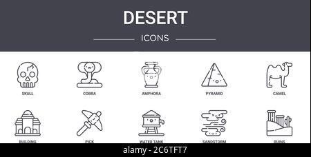 desert concept line icons set. contains icons usable for web, logo, ui/ux such as cobra, pyramid, building, water tank, sandstorm, ruins, camel, ampho Stock Vector