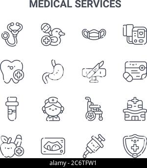 set of 16 medical services concept vector line icons. 64x64 thin stroke icons such as pediatrics, dental care, medical prescription, wheelchair, ultra Stock Vector