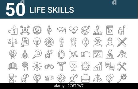 set of 50 life skills icons. outline thin line icons such as magnifying glass, hourglass, bookshelf, woman, scales, man, categories Stock Vector