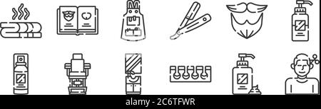 12 set of linear hairdressing and barber shop icons. thin outline icons such as haircut, toe separator, barber chair, beard, apron, barbershop for web Stock Vector