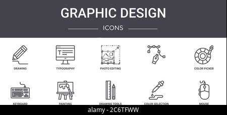 graphic design concept line icons set. contains icons usable for web, logo, ui/ux such as typography, , keyboard, drawing tools, color selection, mous Stock Vector