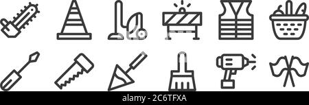 12 set of linear labour day icons. thin outline icons such as labor day, brush, saw, high visibility vest, vacuum cleaner, traffic cone for web, mobil Stock Vector