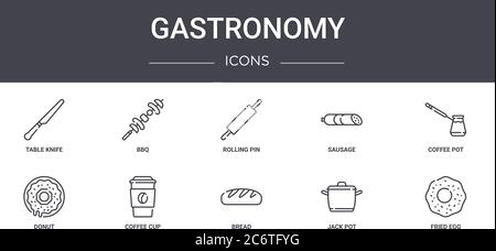gastronomy concept line icons set. contains icons usable for web, logo, ui/ux such as bbq, sausage, donut, bread, jack pot, fried egg, coffee pot, rol Stock Vector