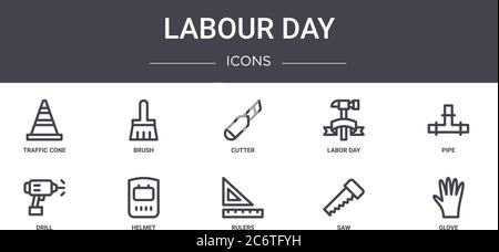 labour day concept line icons set. contains icons usable for web, logo, ui/ux such as brush, labor day, drill, rulers, saw, glove, pipe, cutter Stock Vector