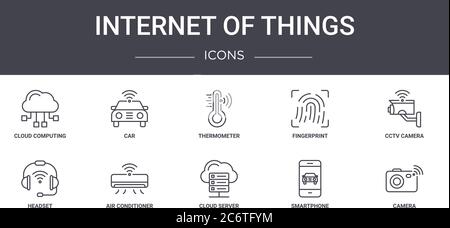 internet of things concept line icons set. contains icons usable for web, logo, ui/ux such as car, fingerprint, headset, cloud server, smartphone, cam Stock Vector