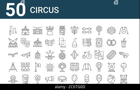 set of 50 circus icons. outline thin line icons such as poster, clown, party hat, balancer, stage, food stand, cymbals Stock Vector