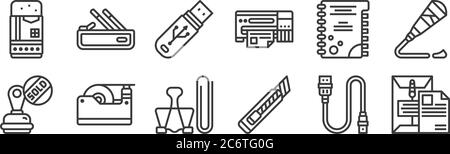 12 set of linear stationery icons. thin outline icons such as dossier, cutter, tape dispenser, note, pendrive, pencil case for web, mobile Stock Vector