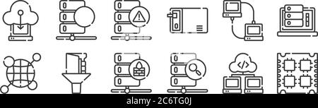 12 set of linear database and servers icons. thin outline icons such as multicore, server, filter, local, warning, database for web, mobile Stock Vector