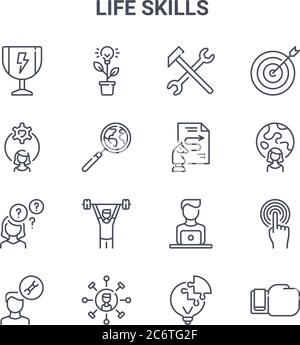 set of 16 life skills concept vector line icons. 64x64 thin stroke icons such as light bulb, woman, woman, man, skills, boxing glove, light bulb, proc Stock Vector