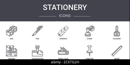 stationery concept line icons set. contains icons usable for web, logo, ui/ux such as pen, stamp, dossier, pencil case, push pin, ruler, scissors, pen Stock Vector