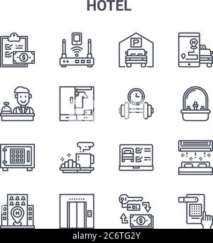 set of 16 hotel concept vector line icons. 64x64 thin stroke icons such as router, reception, sink, laptop, elevator, hand, key, dumbbell, smartphone Stock Vector