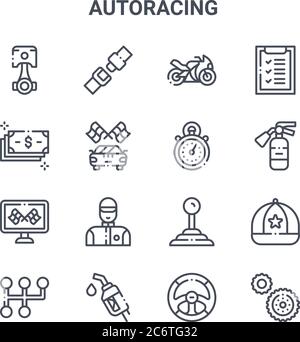 set of 16 autoracing concept vector line icons. 64x64 thin stroke icons such as seat belt, money, fire extinguisher, gear stick, gasoline, gear, steer Stock Vector