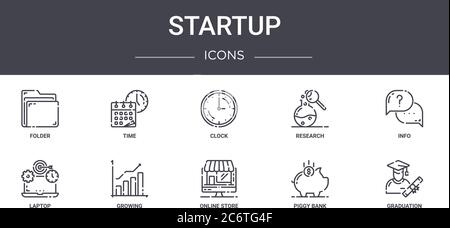 startup concept line icons set. contains icons usable for web, logo, ui/ux such as time, research, laptop, online store, piggy bank, graduation, info, Stock Vector