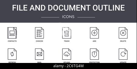 file and document outline concept line icons set. contains icons usable for web, logo, ui/ux such as choices, add, refresh, upload, protection, update Stock Vector