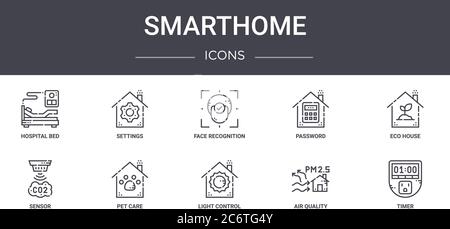smarthome concept line icons set. contains icons usable for web, logo, ui/ux such as settings, password, sensor, light control, air quality, timer, ec Stock Vector