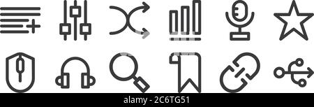 12 set of linear user interface icons. thin outline icons such as usb flash drive, bookmark, headphones, microphone, shuffle, setting for web, mobile Stock Vector