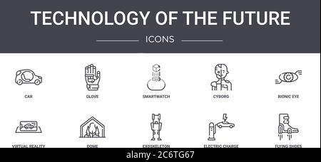 technology of the future concept line icons set. contains icons usable for web, logo, ui/ux such as glove, cyborg, virtual reality, exoskeleton, elect Stock Vector