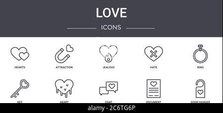 love concept line icons set. contains icons usable for web, logo, ui/ux such as attraction, hate, key, chat, document, door hanger, ring, jealous Stock Vector
