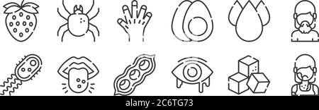 12 set of linear allergies icons. thin outline icons such as rash, eye, tongue, trans fat, cyanosis, mite for web, mobile Stock Vector
