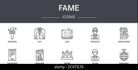 fame concept line icons set. contains icons usable for web, logo, ui/ux such as suit, paparazzi, backstage, crown, actor, disco ball, smartphone, quiz Stock Vector