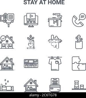 set of 16 stay at home concept vector line icons. 64x64 thin stroke icons such as video, stay at home, cactus, laundry, reading, coffee, online bankin Stock Vector