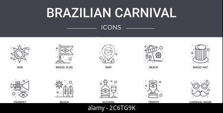 brazilian carnival concept line icons set. contains icons usable for web, logo, ui/ux such as brazil flag, beach, trumpet, alcohol, trophy, carnival m Stock Vector