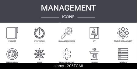 management concept line icons set. contains icons usable for web, logo, ui/ux such as stopwatch, cv, performance, problem solving, speech, database, t Stock Vector