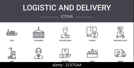 logistic and delivery concept line icons set. contains icons usable for web, logo, ui/ux such as container, fragile, cart, delivery, desk, truck, weig Stock Vector