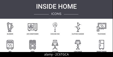 inside home concept line icons set. contains icons usable for web, logo, ui/ux such as air conditioner, clothes hanger, bed, lectern, light bulb, smar Stock Vector