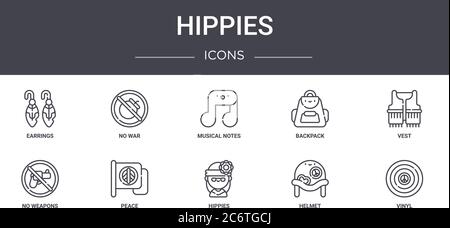 hippies concept line icons set. contains icons usable for web, logo, ui/ux such as no war, backpack, no weapons, hippies, helmet, vinyl, vest, musical Stock Vector
