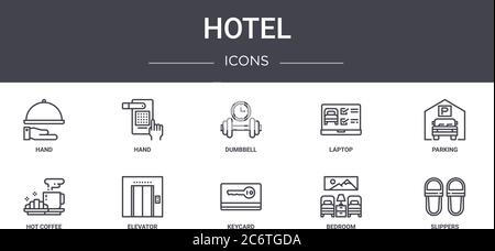 hotel concept line icons set. contains icons usable for web, logo, ui/ux such as hand, laptop, hot coffee, keycard, bedroom, slippers, parking, dumbbe Stock Vector