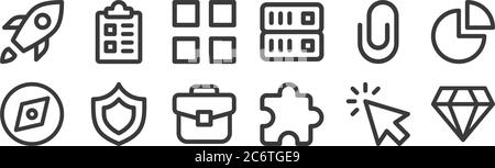 12 set of linear user interface icons. thin outline icons such as diamond, puzzle, shield, paper clip, apps, clipboard for web, mobile Stock Vector