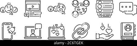 12 set of linear social media icons. thin outline icons such as contact list, link, laptop, comments, angry face, video player for web, mobile Stock Vector