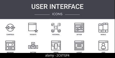 user interface concept line icons set. contains icons usable for web, logo, ui/ux such as favorite, option, browser, error, layout, user, mobile, voic Stock Vector